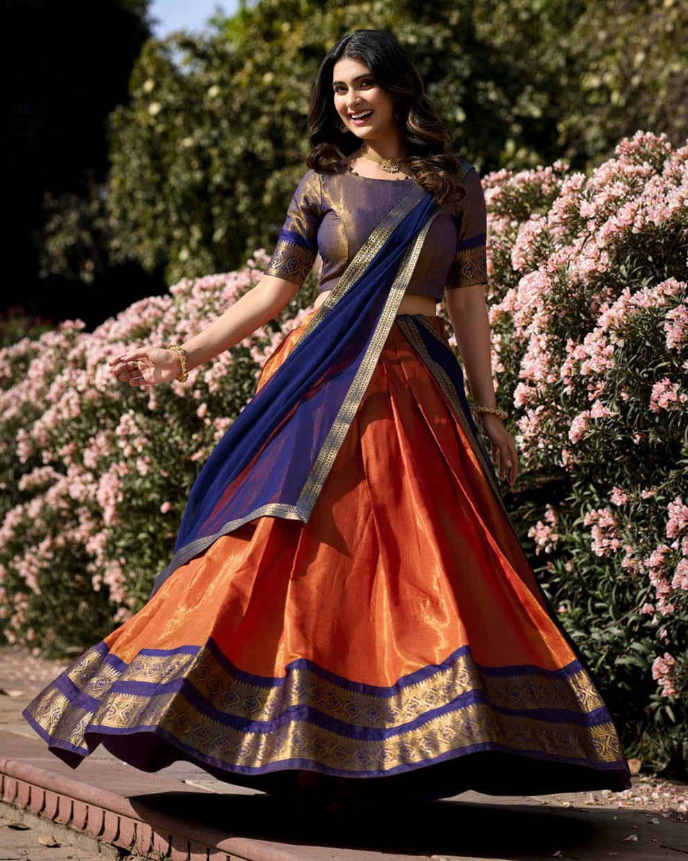 ORANGE KANCHIPURAM SILK DESIGNER HALF SAREE