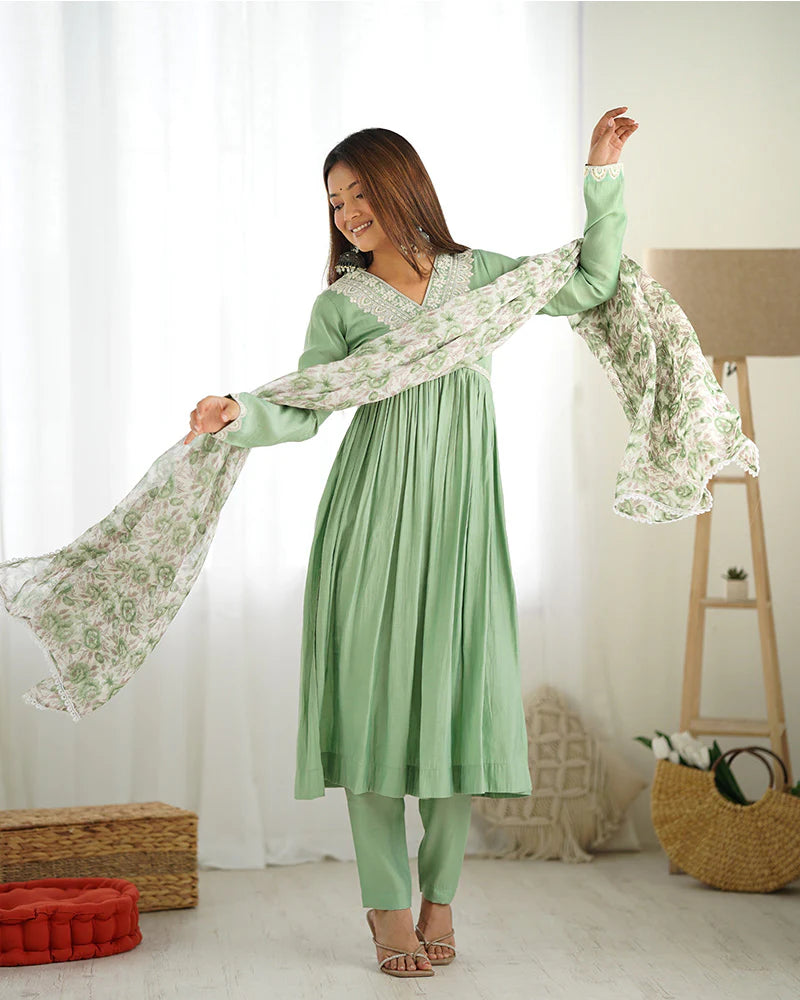 PISTA COLOR CHANDERI SILK THREE PIECE KURTI SUIT