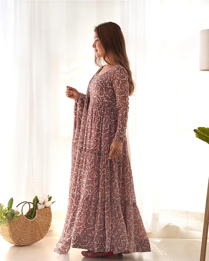 BROWN COLOR SOFT GEORGETTE RUFFLE STYLE ANARKALI SUIT