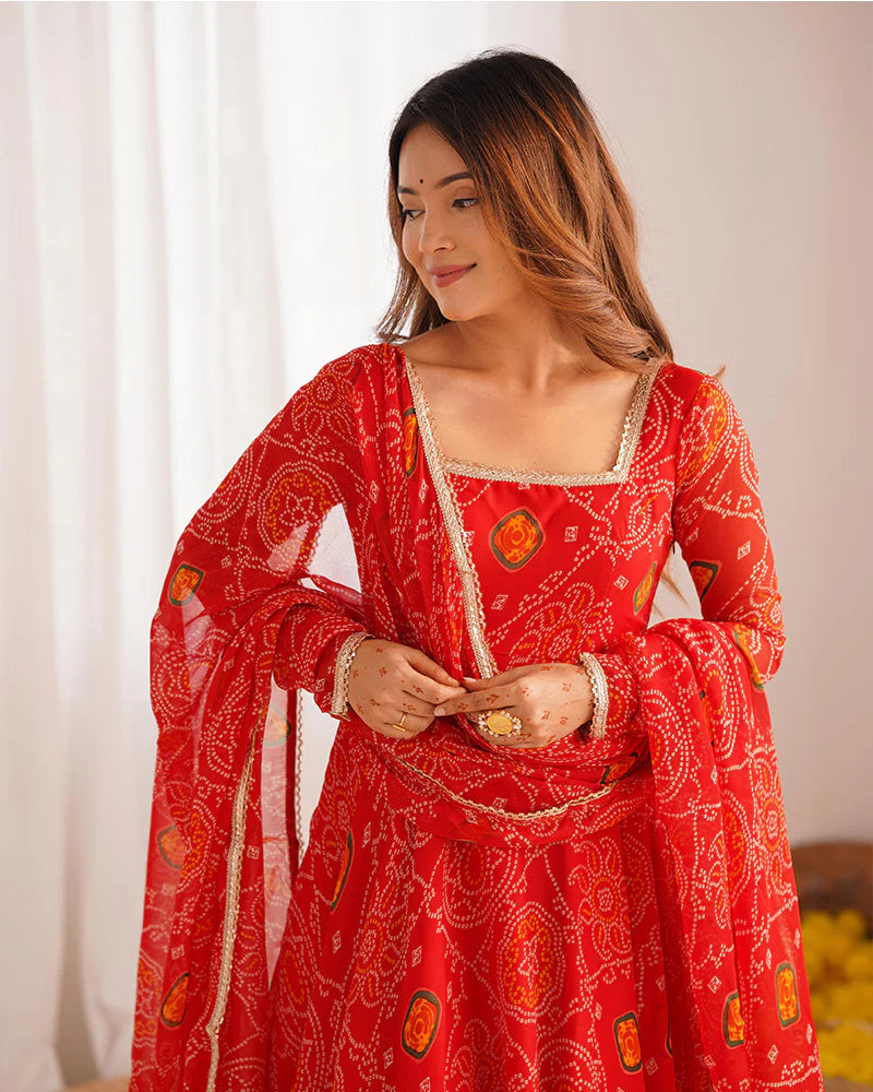 RED COLOR BANDHEJ PRINT SOFT CHIFFON ANARKALI SUIT SET OF 3