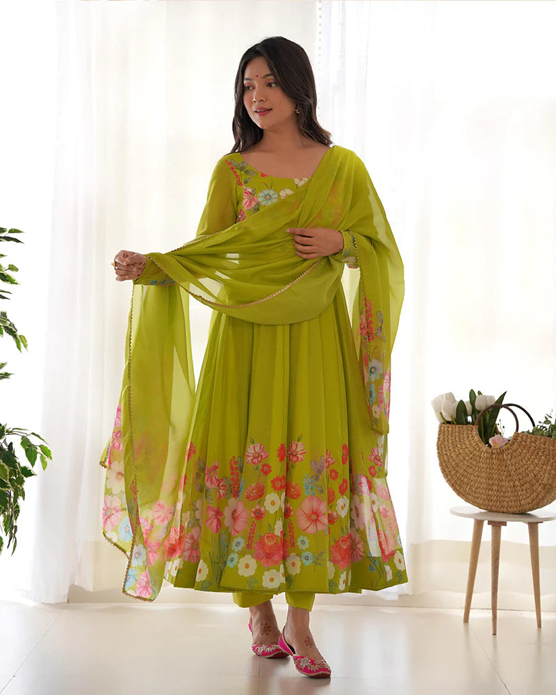 NEON COLOR FLORAL PRINT ORGANZA THREE PIECE ANARKALI SUIT