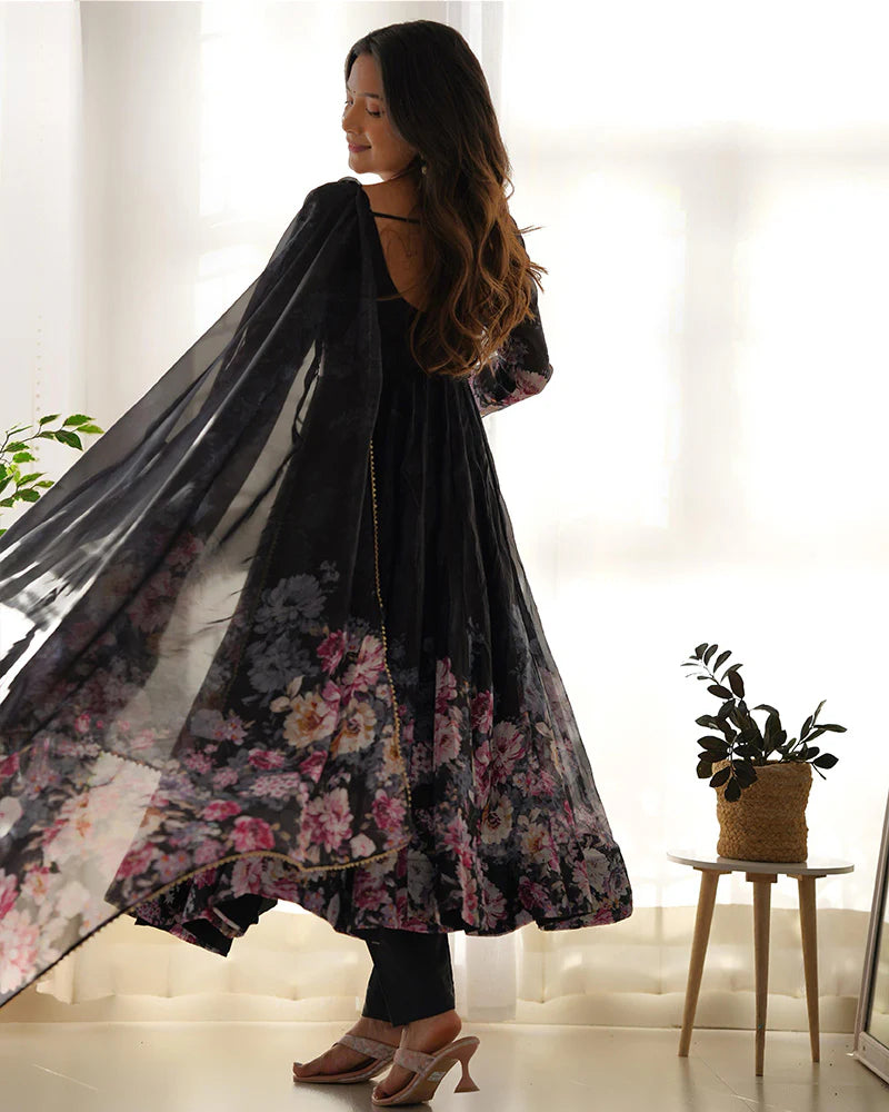 BLACK COLOR FLORAL PRINT ORGANZA THREE PIECE ANARKALI SUIT