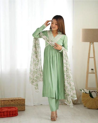 PISTA COLOR CHANDERI SILK THREE PIECE KURTI SUIT