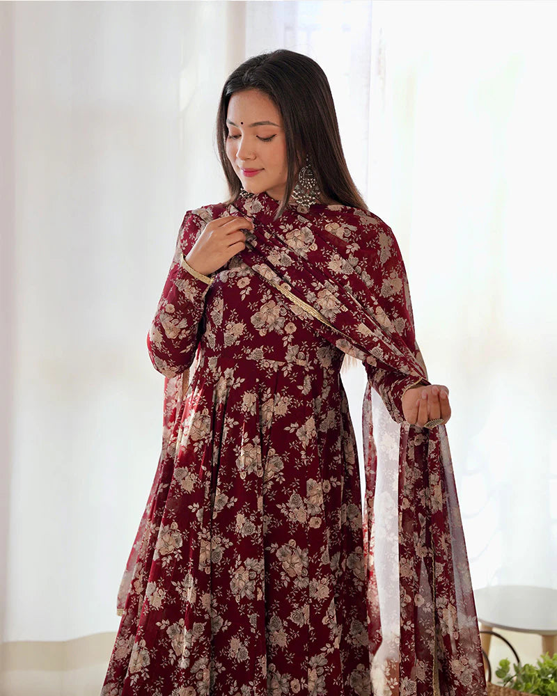 DARK MAROON COLOR GEORGETTE BASE ANARKALI SUIT SET OF 3
