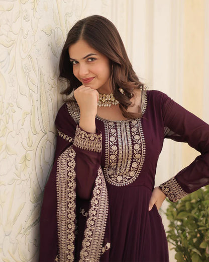 WINE COLOR FAUX BLOOMING RICH SEQUENCE EMBROIDERED GOWN