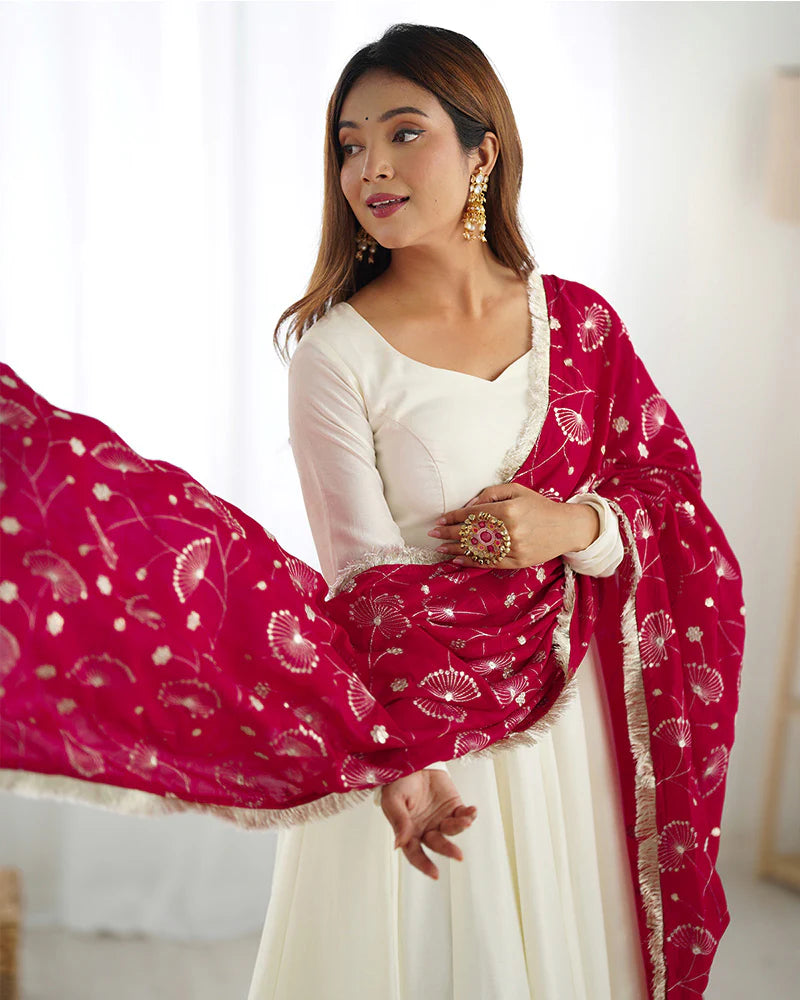 WHITE COLOR SOFT VICHITRA SILK ANARKALI WITH RANI PINK DUPATTA
