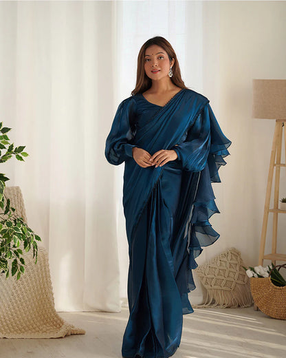 TEAL BLUE COLOR JIMMY CHOO PRE DRAPPED SAREE