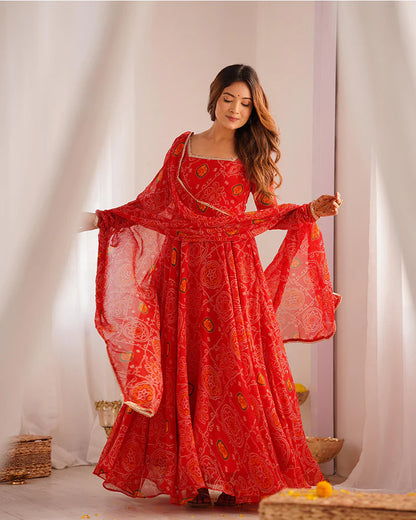RED COLOR BANDHEJ PRINT SOFT CHIFFON ANARKALI SUIT SET OF 3