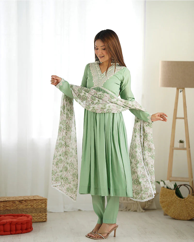 PISTA COLOR CHANDERI SILK THREE PIECE KURTI SUIT