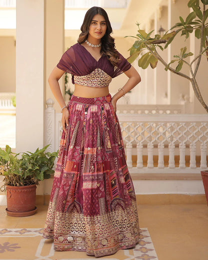 WINE COLOR DESIGNER RUSSIAN SILK EMBROIDERY CROP TOP LEHENGA CHOLI