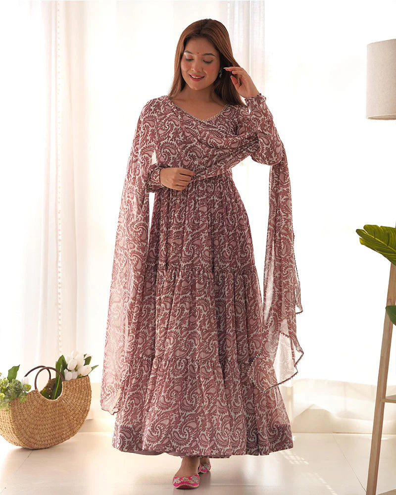 BROWN COLOR SOFT GEORGETTE RUFFLE STYLE ANARKALI SUIT
