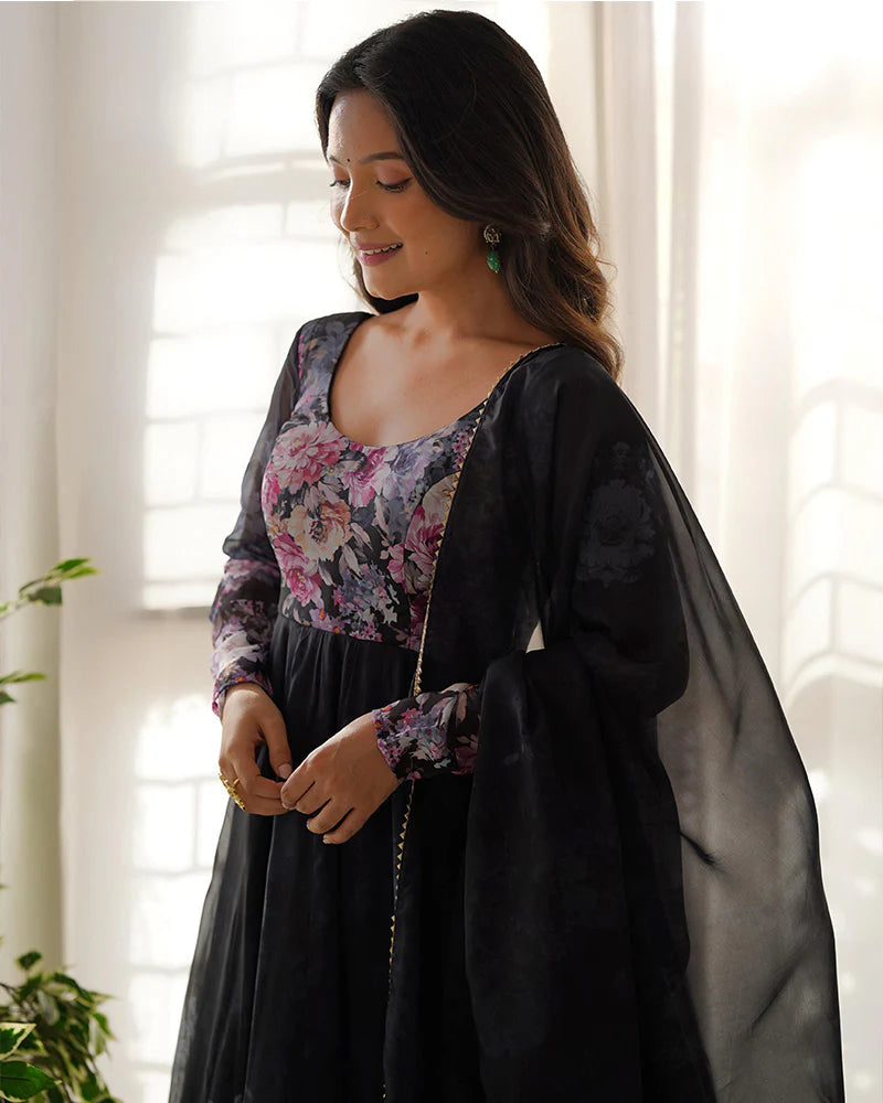 BLACK COLOR FLORAL PRINT ORGANZA THREE PIECE ANARKALI SUIT