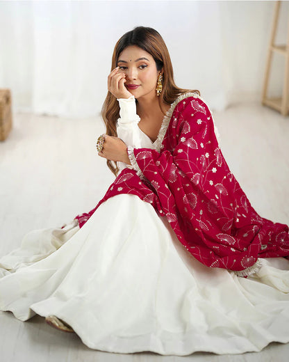 WHITE COLOR SOFT VICHITRA SILK ANARKALI WITH RANI PINK DUPATTA