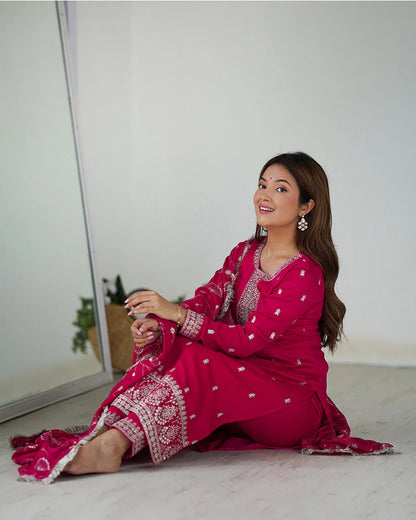 RANI PINK COLOR RANGOLI SILK THREE PIECE KURTI SUIT