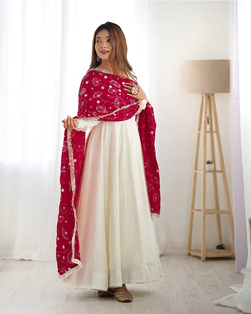 WHITE COLOR SOFT VICHITRA SILK ANARKALI WITH RANI PINK DUPATTA