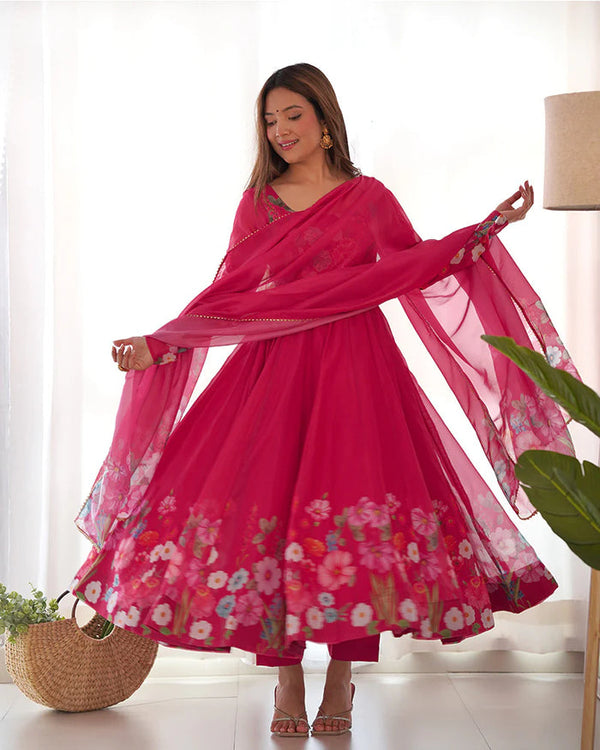 RANI PINK COLOR FLORAL PRINT ORGANZA THREE PIECE ANARKALI SUIT