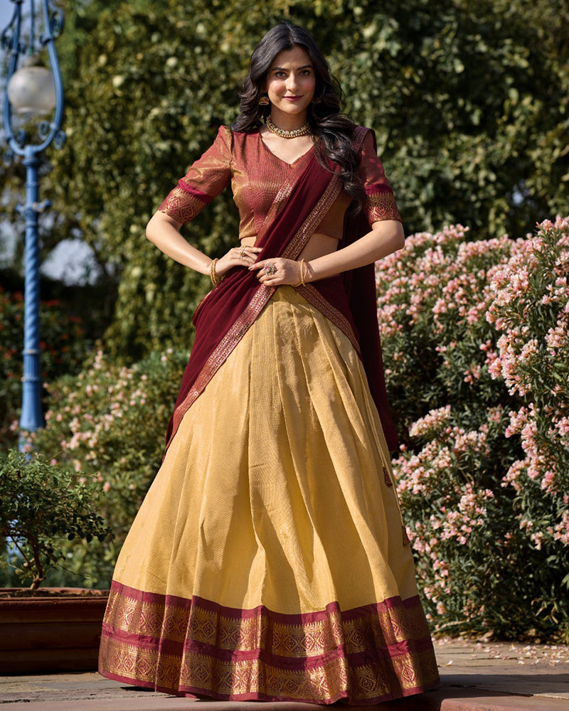 CREAM KANCHIPURAM SILK DESIGNER HALF SAREE