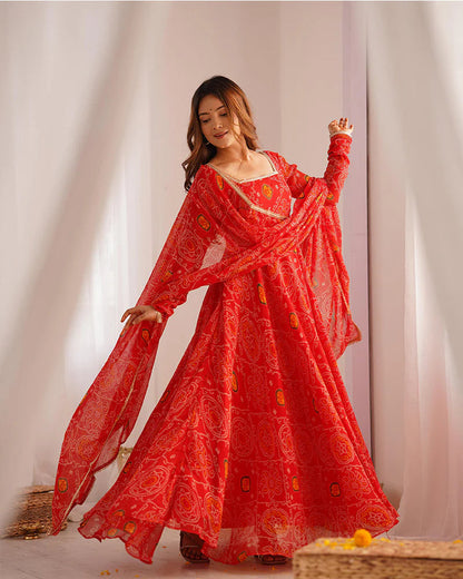 RED COLOR BANDHEJ PRINT SOFT CHIFFON ANARKALI SUIT SET OF 3