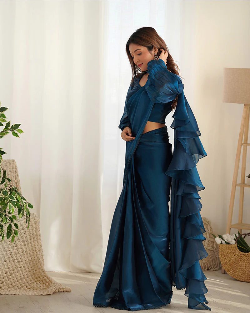 TEAL BLUE COLOR JIMMY CHOO PRE DRAPPED SAREE