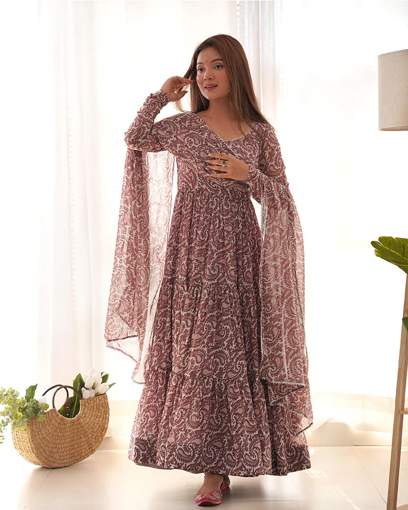 BROWN COLOR SOFT GEORGETTE RUFFLE STYLE ANARKALI SUIT