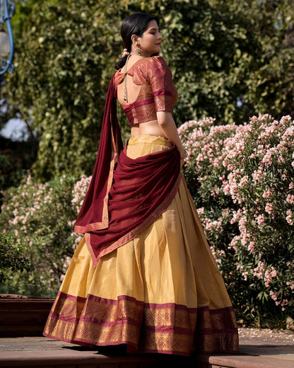 CREAM KANCHIPURAM SILK DESIGNER HALF SAREE