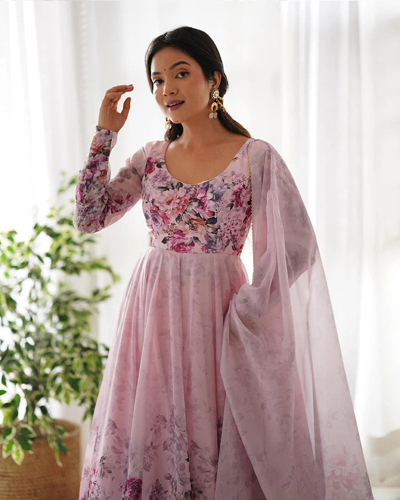 BABY PINK COLOR FLORAL PRINT ORGANZA THREE PIECE ANARKALI SUIT
