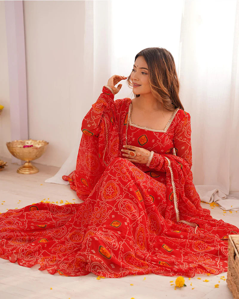RED COLOR BANDHEJ PRINT SOFT CHIFFON ANARKALI SUIT SET OF 3