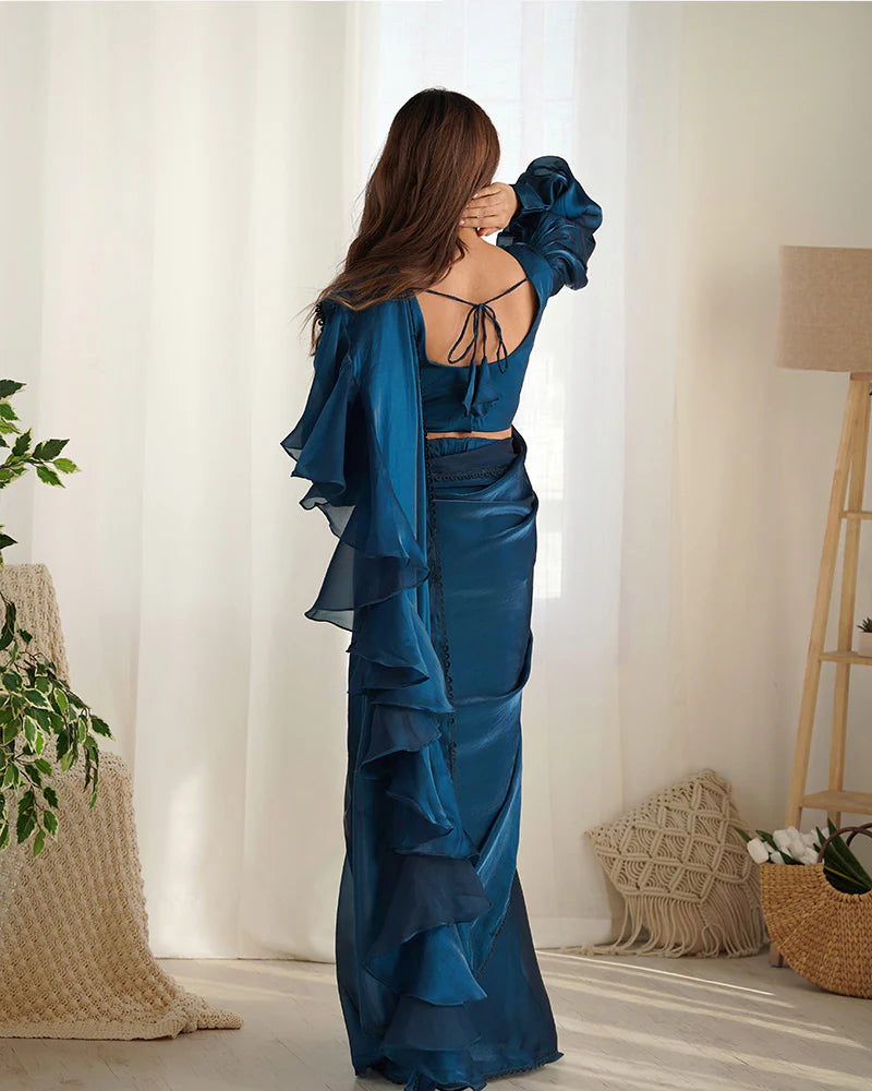 TEAL BLUE COLOR JIMMY CHOO PRE DRAPPED SAREE