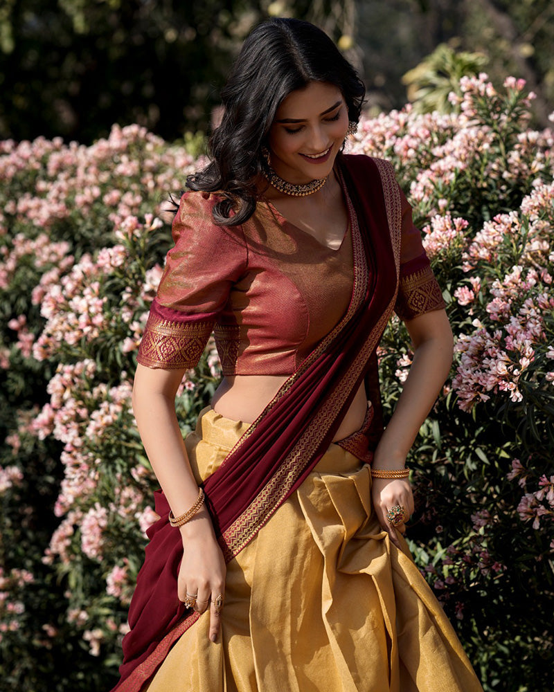 CREAM KANCHIPURAM SILK DESIGNER HALF SAREE