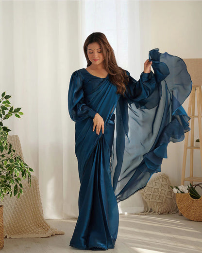 TEAL BLUE COLOR JIMMY CHOO PRE DRAPPED SAREE