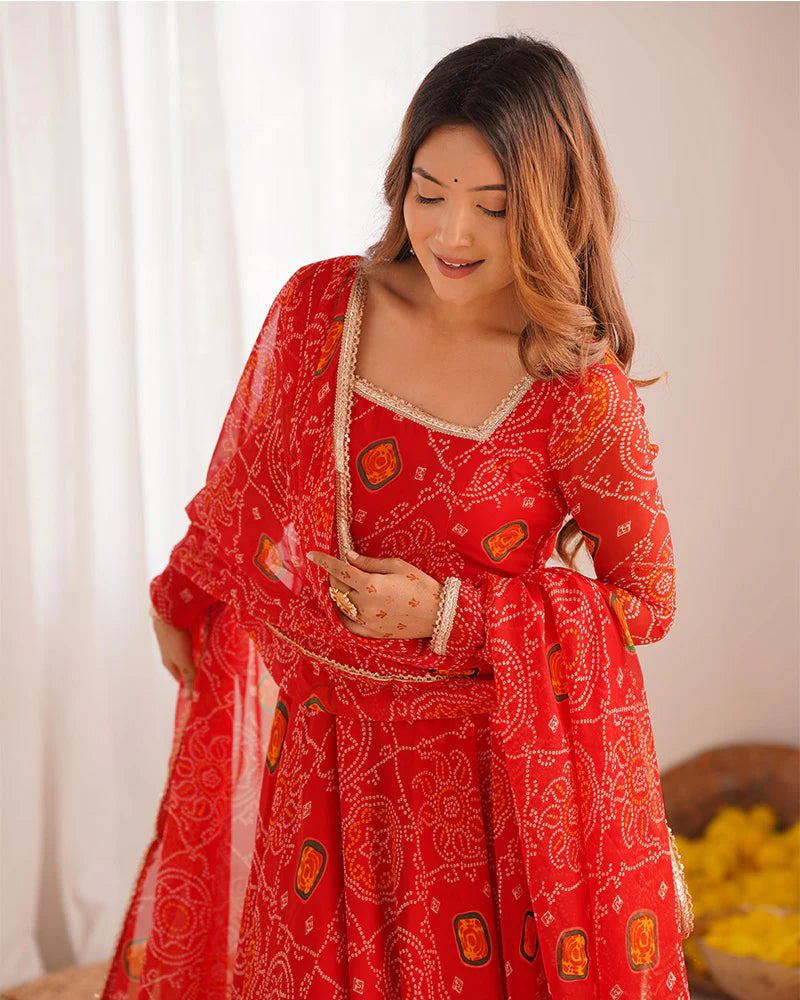 RED COLOR BANDHEJ PRINT SOFT CHIFFON ANARKALI SUIT SET OF 3