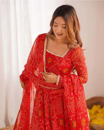 RED COLOR BANDHEJ PRINT SOFT CHIFFON ANARKALI SUIT SET OF 3