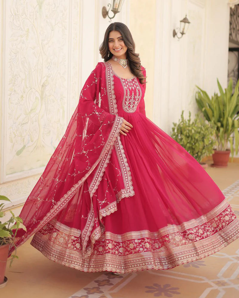 PINK COLOR FAUX BLOOMING RICH SEQUENCE EMBROIDERED GOWN