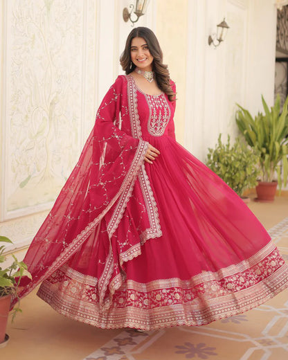 PINK COLOR FAUX BLOOMING RICH SEQUENCE EMBROIDERED GOWN