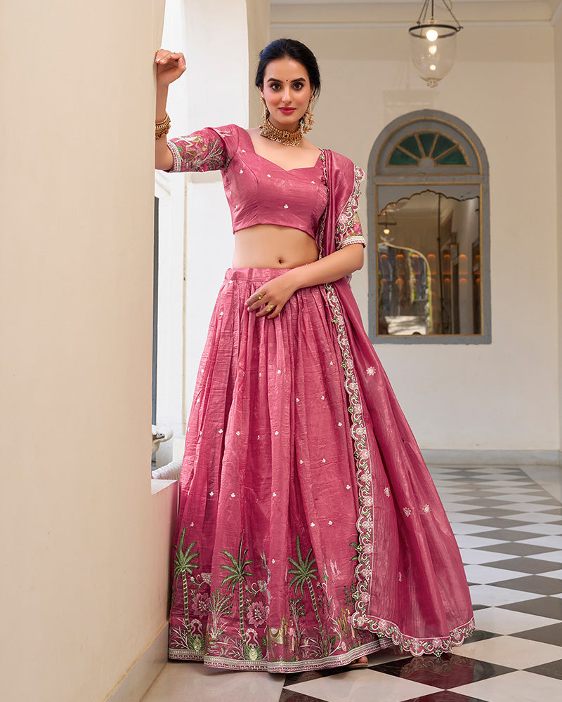 PINK BLOOM EMBROIDERED GOLD CRUSH LEHENGA CHOLI