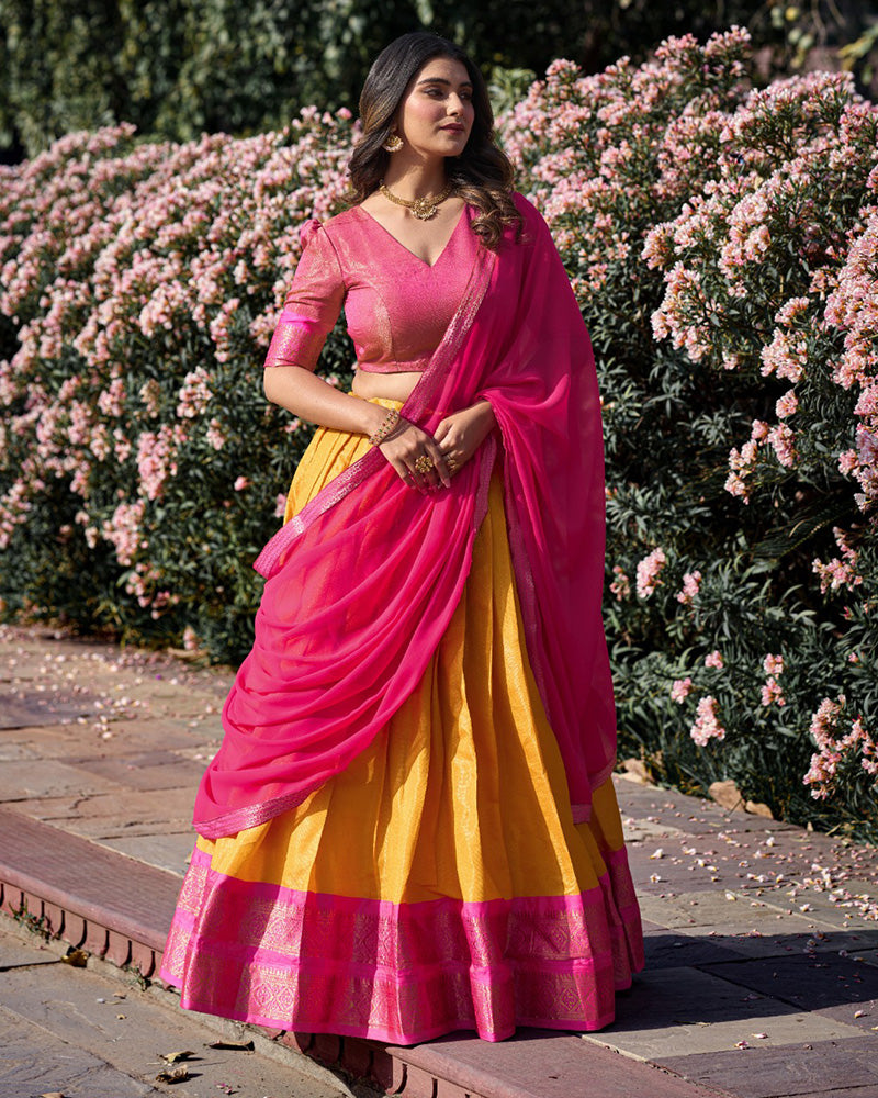 MUSTARD KANCHIPURAM SILK DESIGNER HALF SAREE