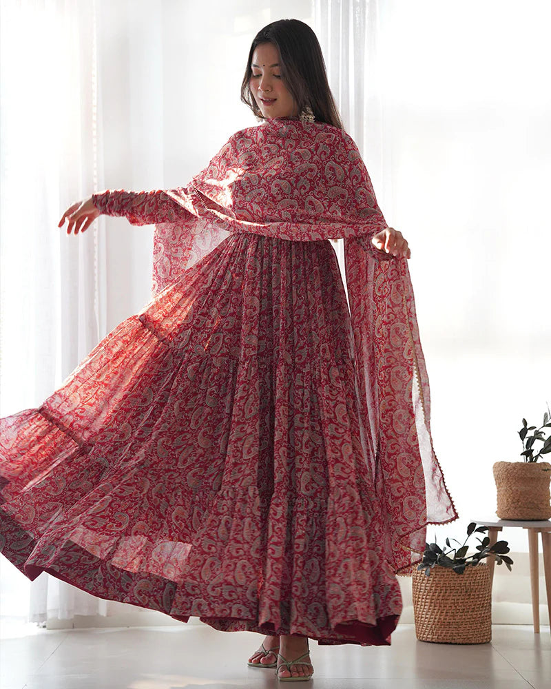 MAROON COLOR GEORGETTE THREE LAYER RUFFLE STYLE ANARKALI SUIT