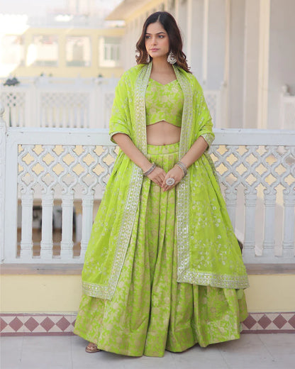 GREEN COLOR PURE VISCOSE JACQUARD LEHENGA CHOLI