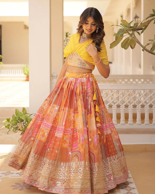 YELLOW COLOR DESIGNER RUSSIAN SILK EMBROIDERY CROP TOP LEHENGA CHOLI