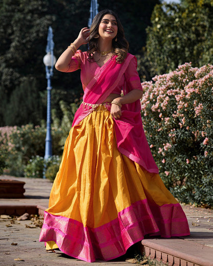MUSTARD KANCHIPURAM SILK DESIGNER HALF SAREE