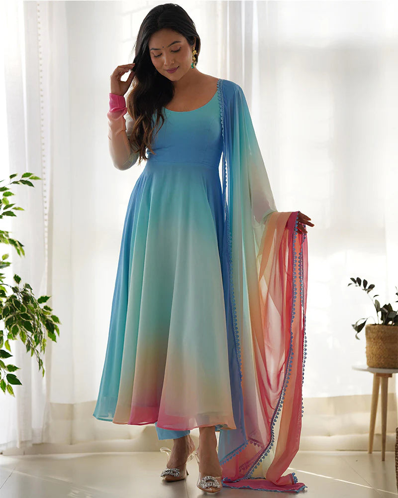 BEAUTIFUL MULTI COLOR FULLY FLAIR GEORGETTE THREE PIECE ANARKALI SUIT
