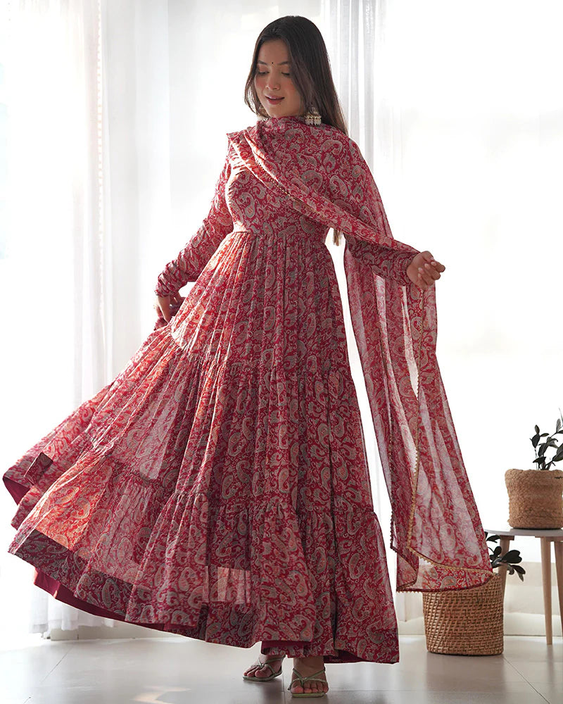 MAROON COLOR GEORGETTE THREE LAYER RUFFLE STYLE ANARKALI SUIT