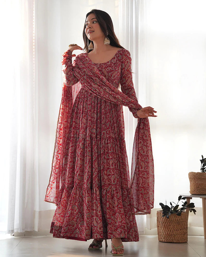MAROON COLOR GEORGETTE THREE LAYER RUFFLE STYLE ANARKALI SUIT
