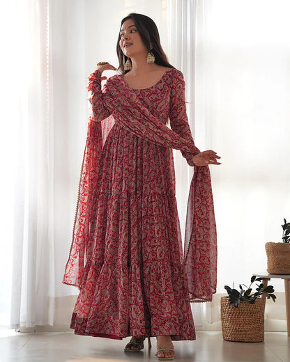 MAROON COLOR GEORGETTE THREE LAYER RUFFLE STYLE ANARKALI SUIT
