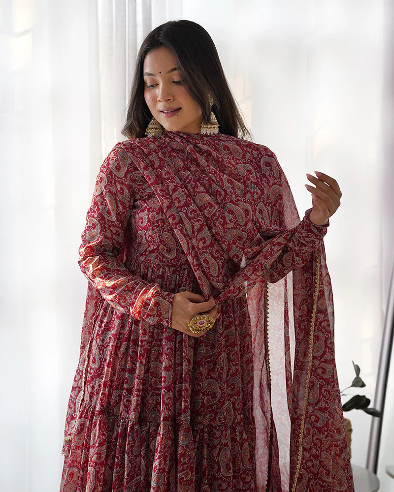 MAROON COLOR GEORGETTE THREE LAYER RUFFLE STYLE ANARKALI SUIT