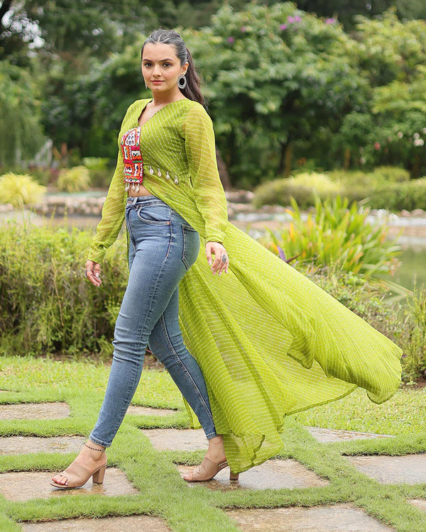 PARROT GREEN COLOR GEORGETTE LAHERIYA PRINT NAVRATRI KURTI
