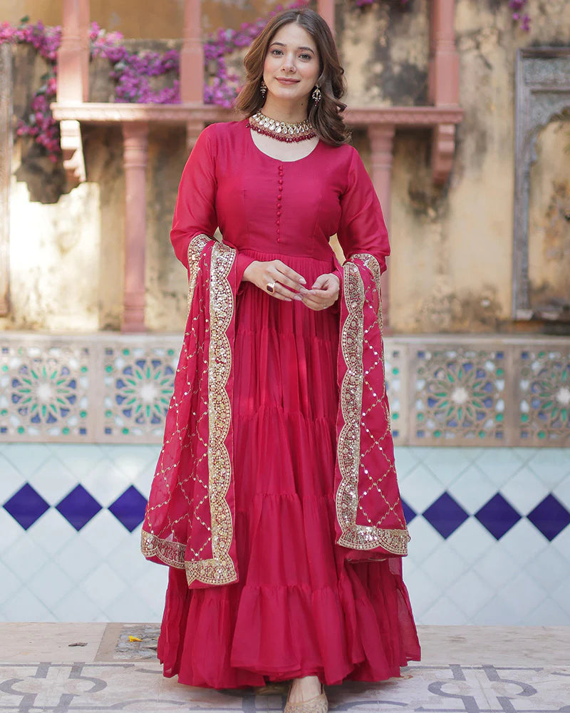 RANI PINK COLOR STAR GEORGETTE GOWN WITH EMBROIDERED DUPATTA