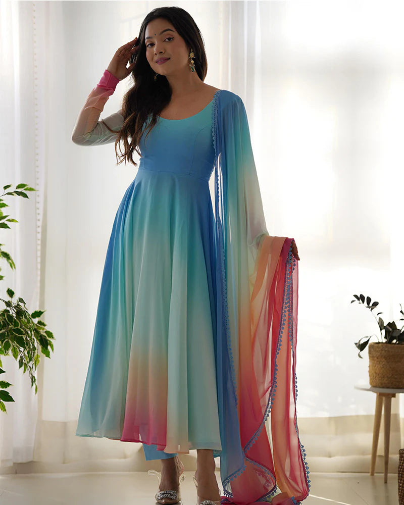 BEAUTIFUL MULTI COLOR FULLY FLAIR GEORGETTE THREE PIECE ANARKALI SUIT