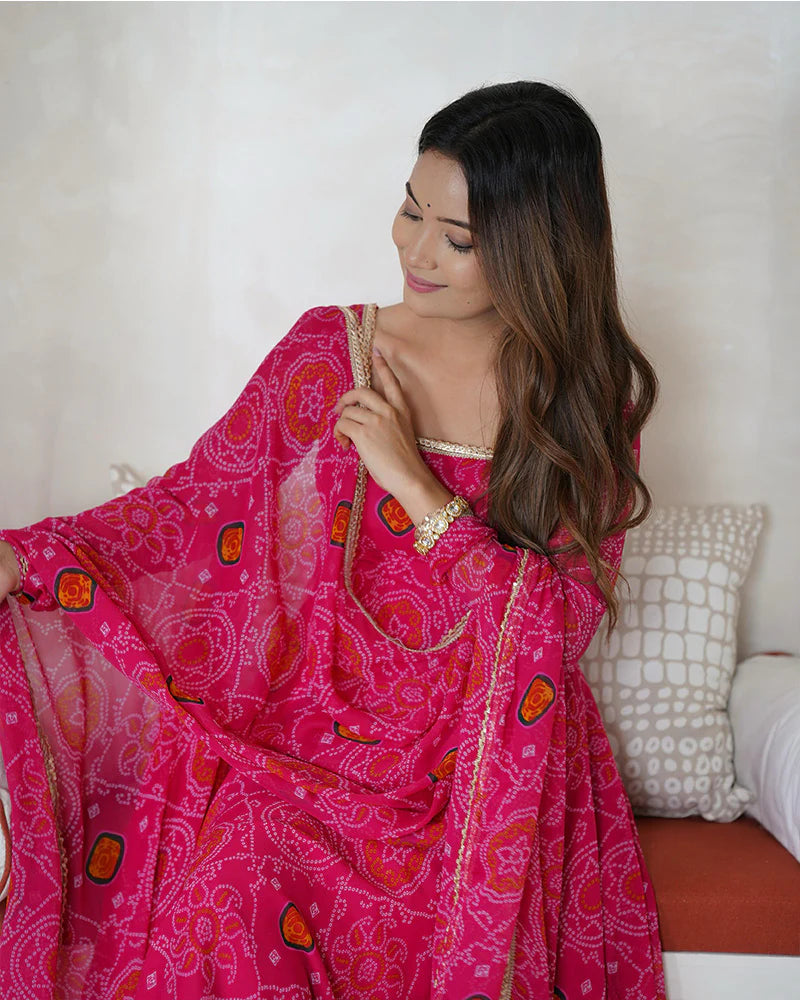 RANI PINK COLOR BANDHEJ PRINT SOFT CHIFFON ANARKALI SUIT SET OF 3