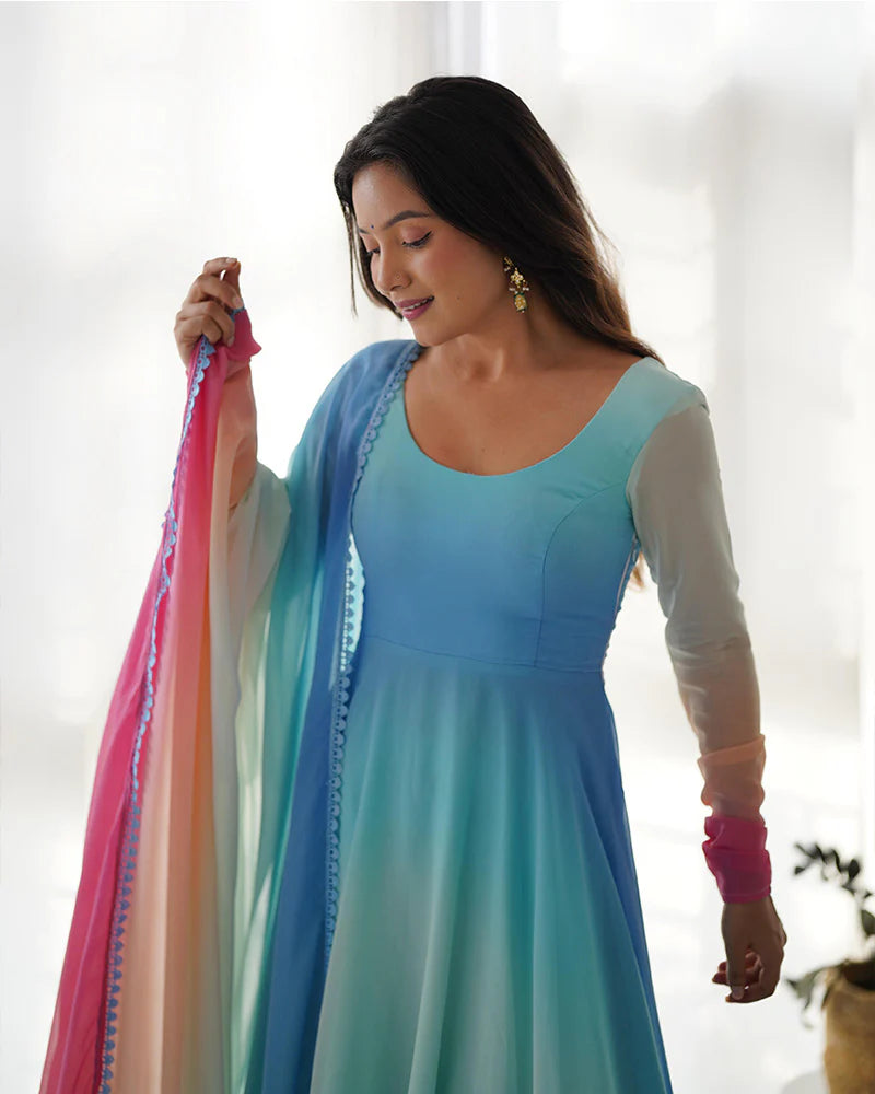 BEAUTIFUL MULTI COLOR FULLY FLAIR GEORGETTE THREE PIECE ANARKALI SUIT